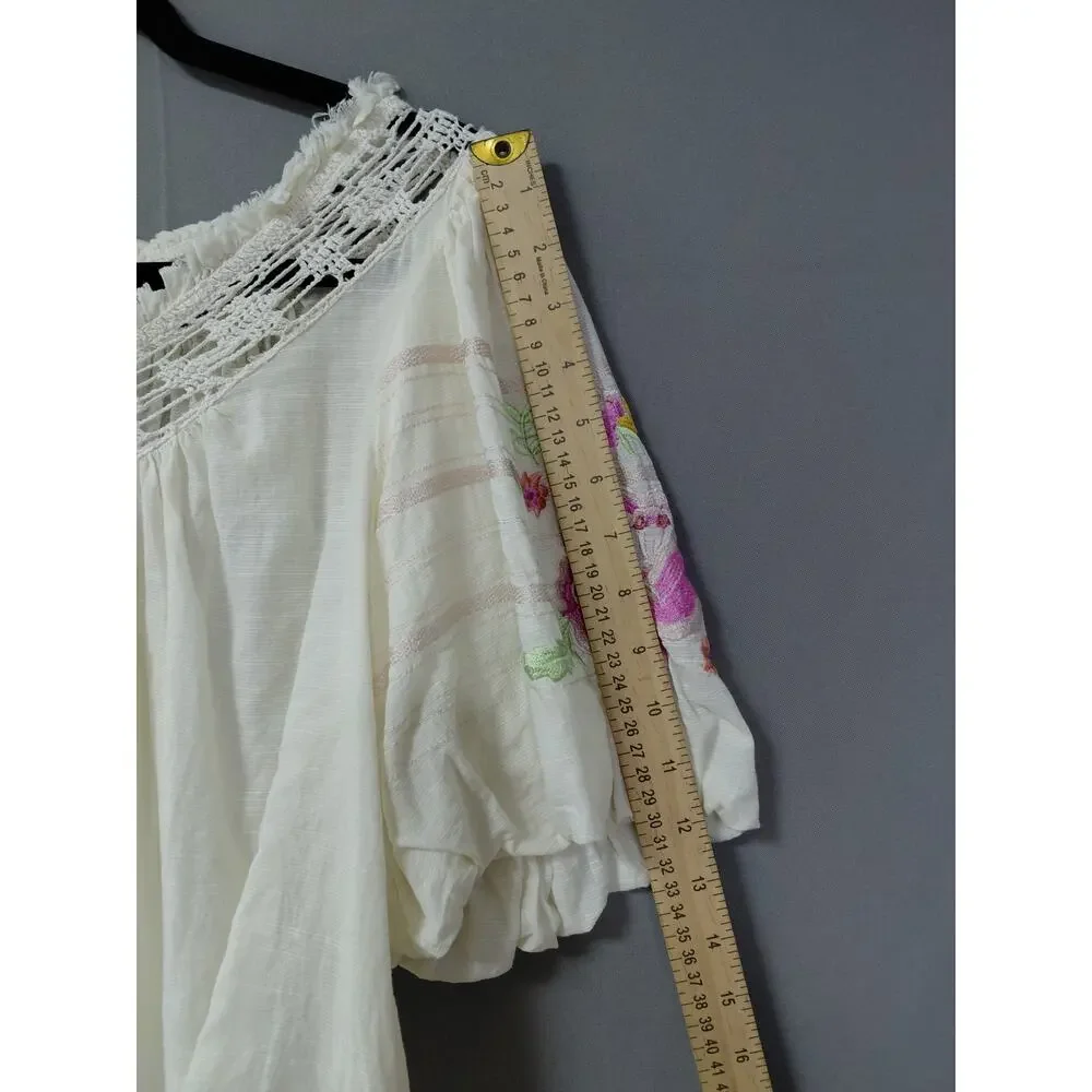 Free People White Peasant Embroidered Crochet 3/4 Puff Sleeve Women Size XS